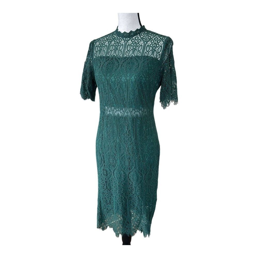 Zalalus Green Sheer Lace High Neck Elegant Bodycon Midi Dress Womens 10 - Picture 3 of 14